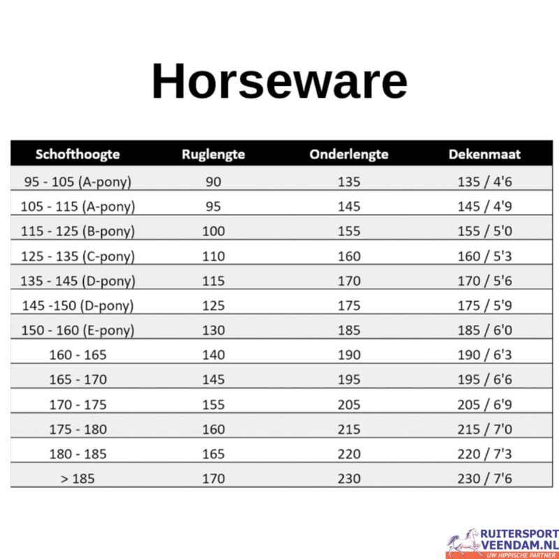Horseware maattabel