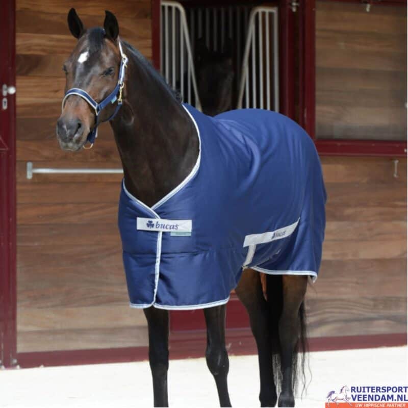 Paard in blauwe Bucas Freedom Twill Sheet in stal.