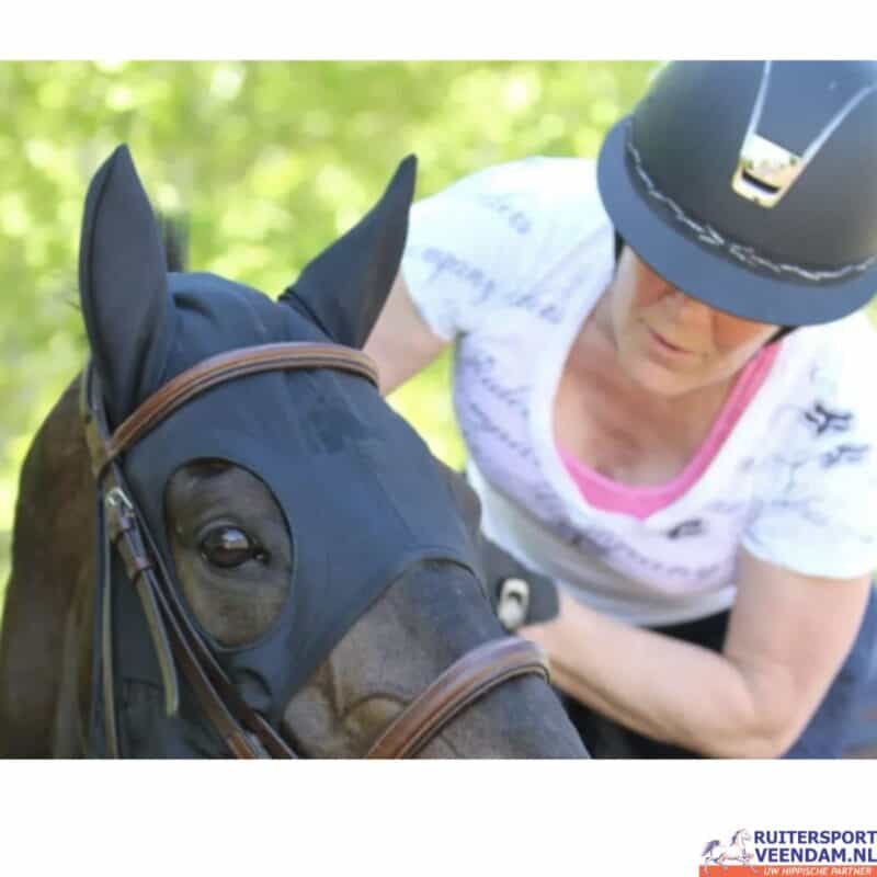 Paard en ruiter met uitrusting en hoofddeksel in de natuur.