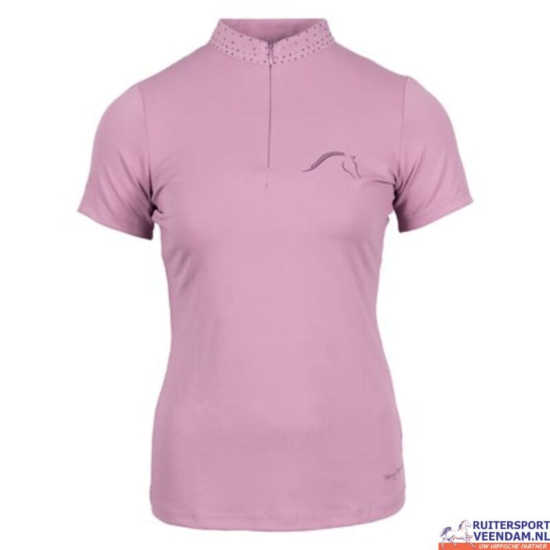 Paars Cavalli ruitersportshirt met polka dot kraag, geschikt voor paardensport.