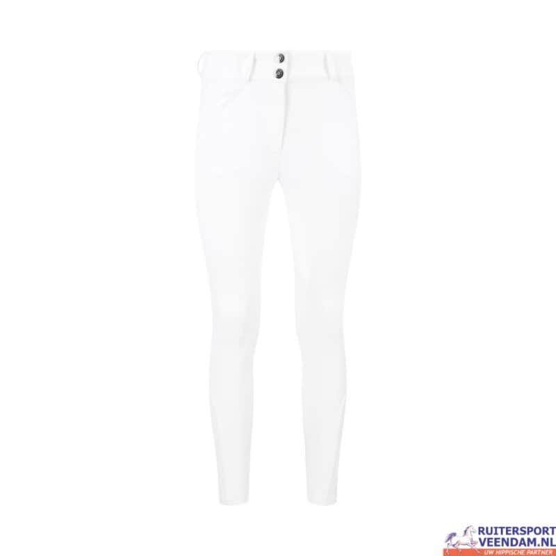 Witte dames rijbroek met knoopsluiting en elastische taille.