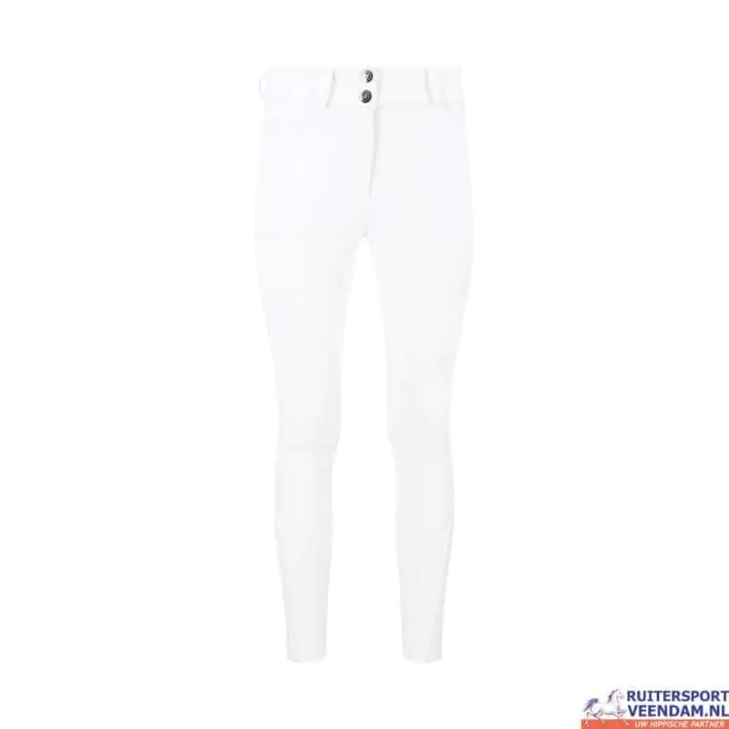 Witte dames rijbroek met knoopsluiting en elastische taille.