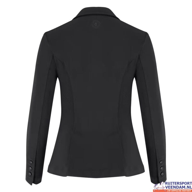 Elegante zwarte dameswedstrijdjas voor paardrijden, stijlvol en functioneel.