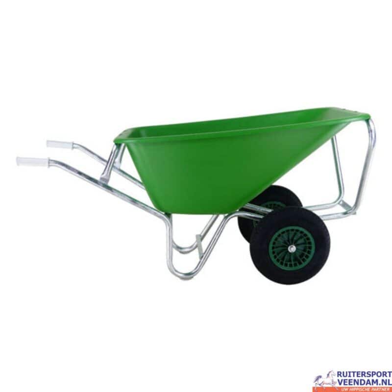 Groene kruiwagen met twee wielen voor tuin en ruitersport.