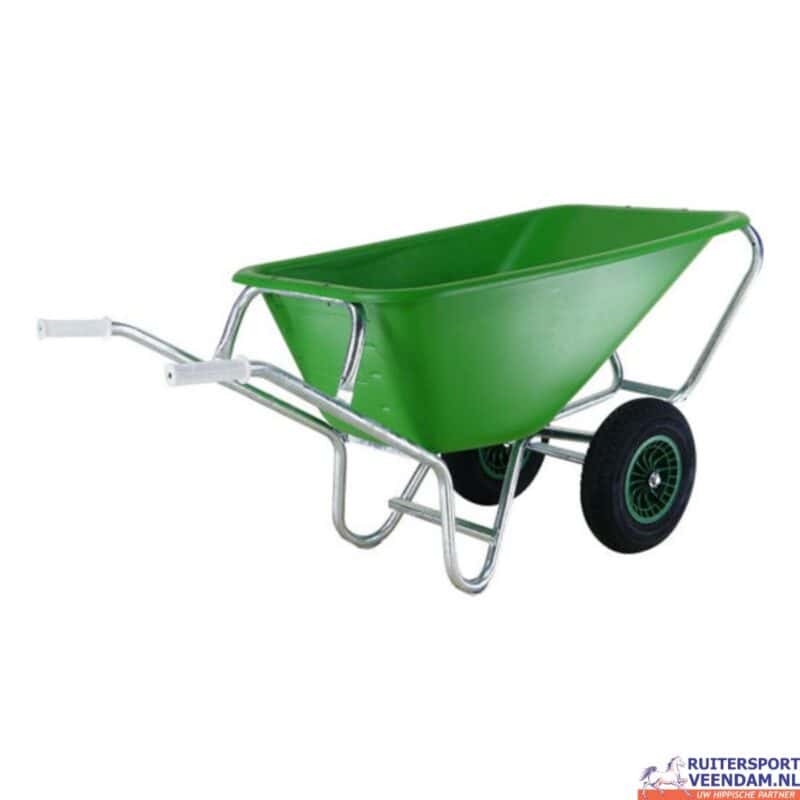 Groene tuinkuilwagen met twee wielen voor tuinwerkzaamheden.
