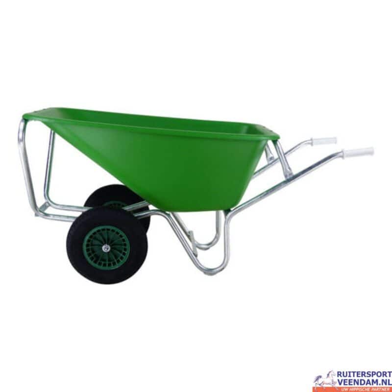 Kruiwagen met twee wielen, geschikt voor tuin- en paardenverzorging. Robuust en gemakkelijk te manoe.