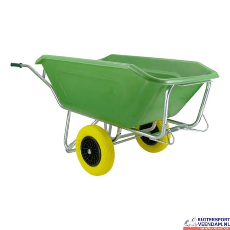 Groene kruiwagen met twee wielen voor tuin en ruitersport.