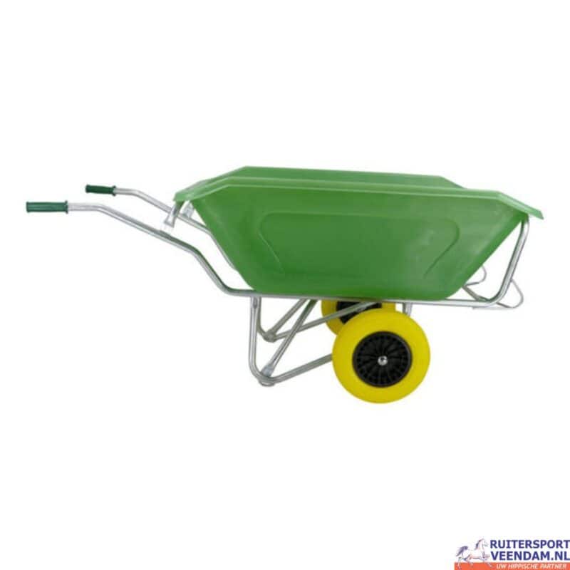 Kruiwagen met dubbele wielen, geschikt voor tuin en ruitersport.