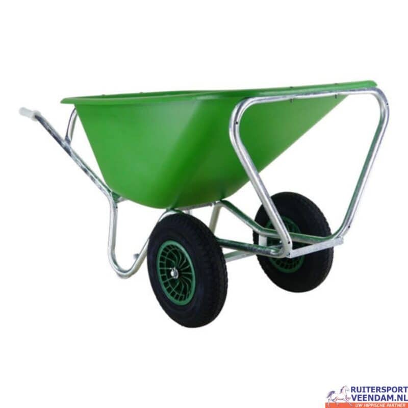Groene kruiwagen met twee wielen voor tuin en ruitersport.