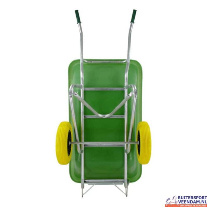 Wandelwagen met twee wielen en groene bak, ideaal voor tuin- en kluswerkzaamheden.