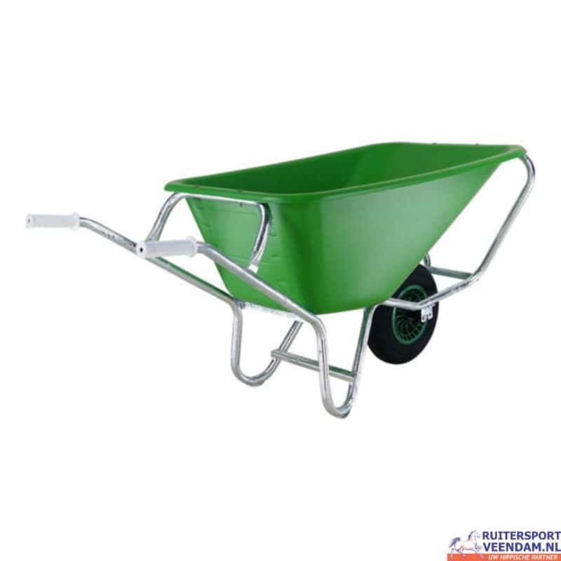 Groene HDPE kruiwagen met metalen frame en wielen voor tuin en ruitersport.