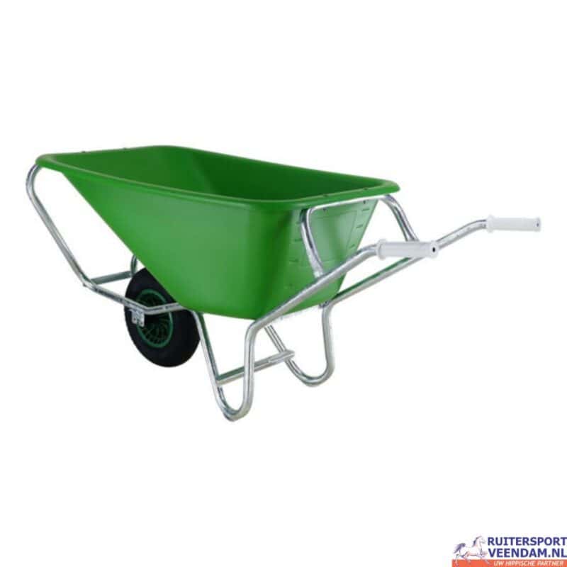Groene HDPE kruiwagen met metalen frame en wielen voor tuin en stal.