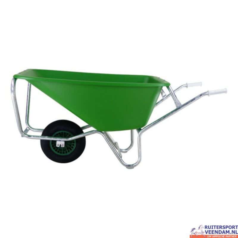 Groene HDPE kuilwagen met metalen frame en wielen voor tuin en ruitersport.