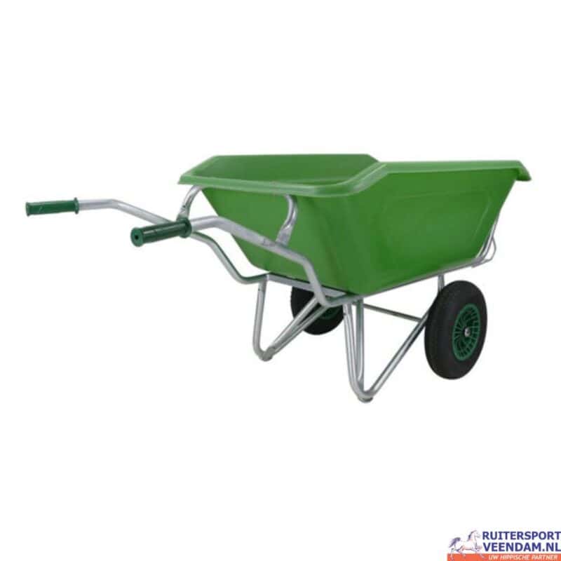Groene HDPE kruiwagen met metalen frame en wielen, ideaal voor tuin en stalgebruik.