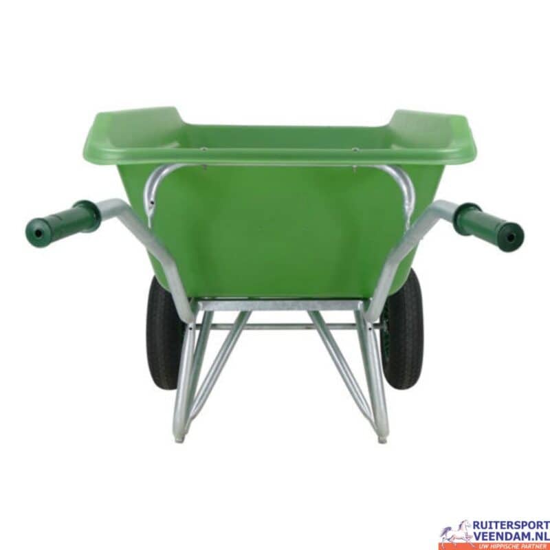 Groene HDPE kruiwagen voor tuin en ruitersportgebruik.