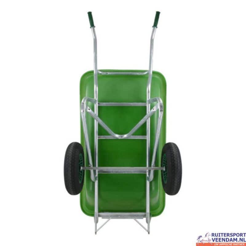 Groene kruiwagen met stevige HDPE bak en metalen frame.