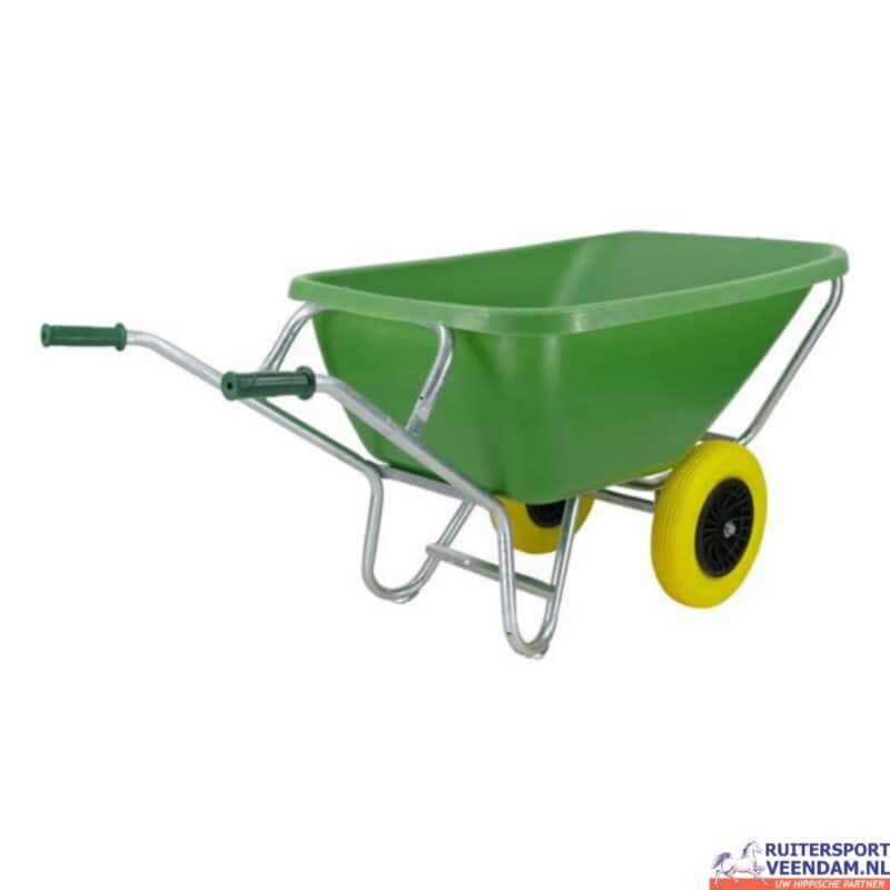 Groene kruiwagen met luchtwiel en verzinkt onderstel voor tuin en paardenverzorging.