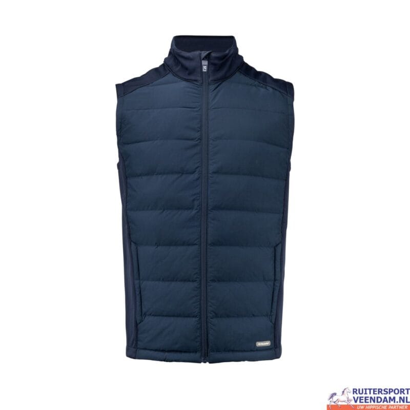 Donkerblauwe heren bodywarmer met ritssluiting, geschikt voor paardrijden en outdoor activiteiten.
