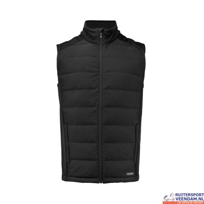 Zwarte bodywarmer voor ruiters, geschikt voor outdoor activiteiten.