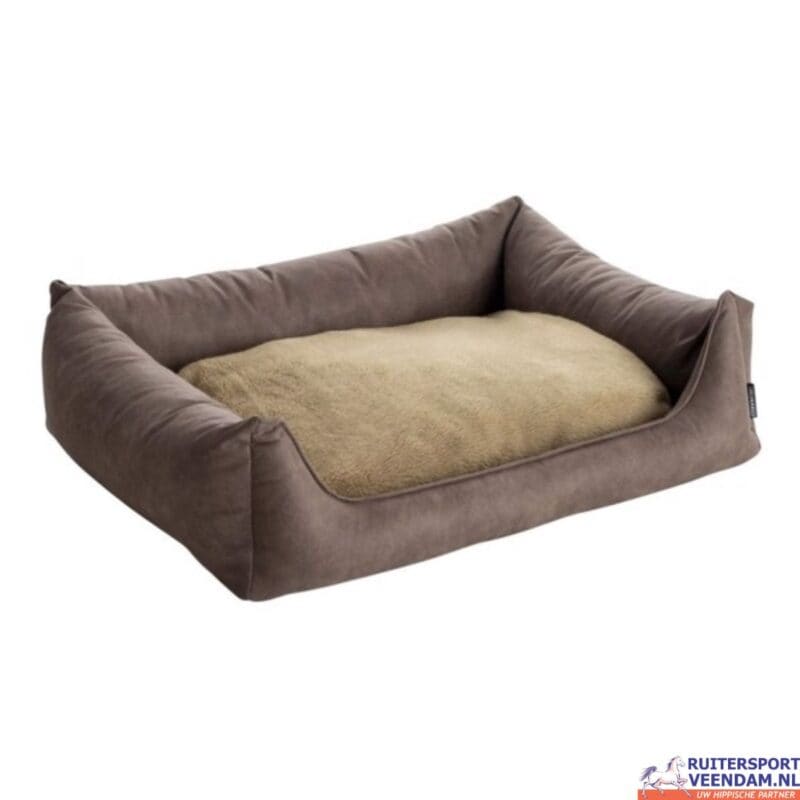 Orthopedisch hondenbed in lederlook en teddy stof, comfortabel en ondersteunend.