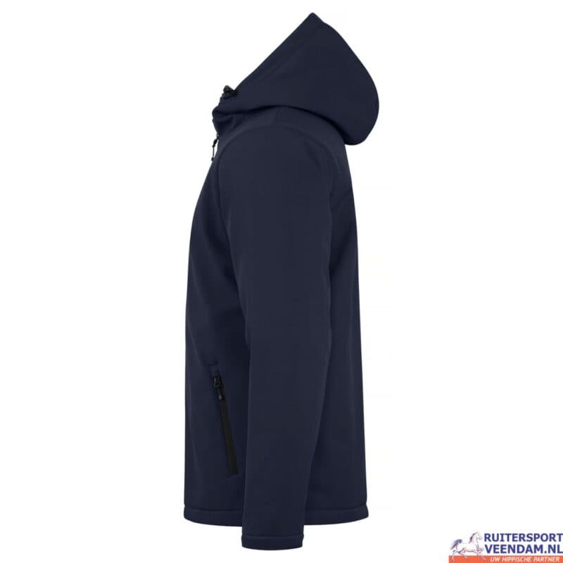 Donkerblauwe softshell hoodie met capuchon, waterafstotend en ademend.