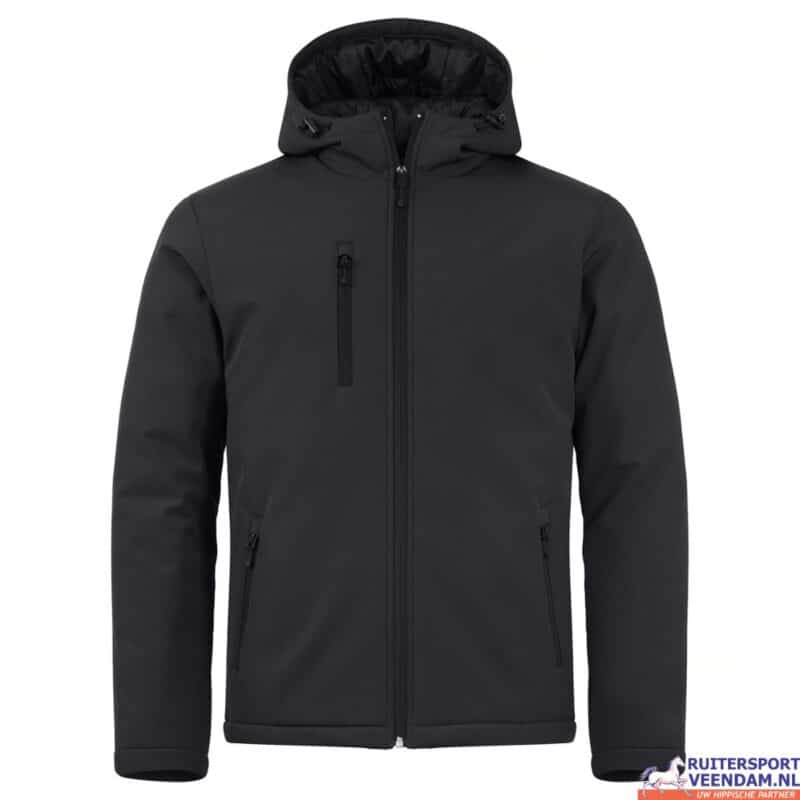 Zwarte softshell winterjas met capuchon, waterdicht en ademend, ideaal voor ruiters en buitenactivit.