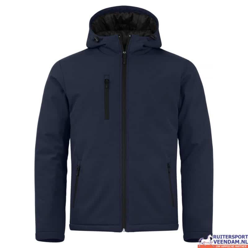 Donkerblauwe softshell jas met capuchon, ideaal voor ruitersport en buitenactiviteiten.