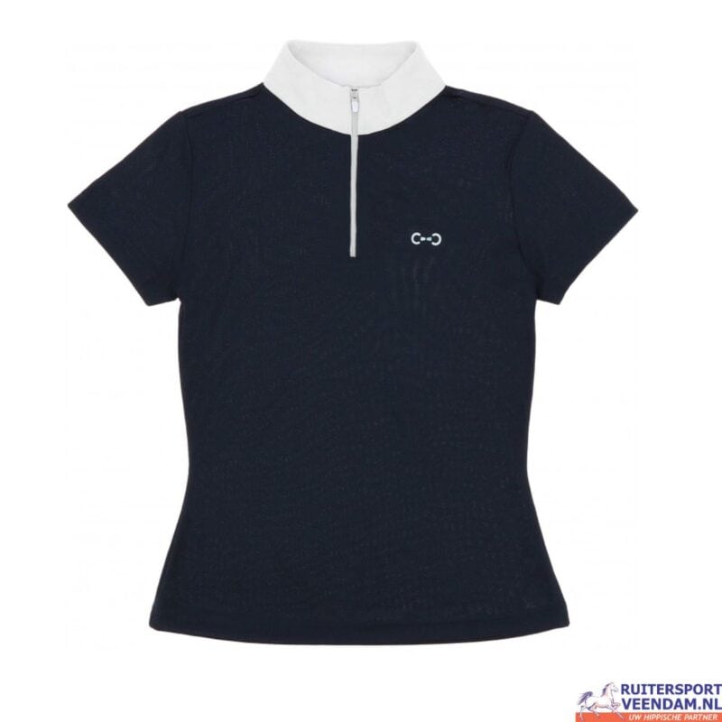 Kinderpolo met rits, geschikt voor jonge ruiters, in navy en wit.