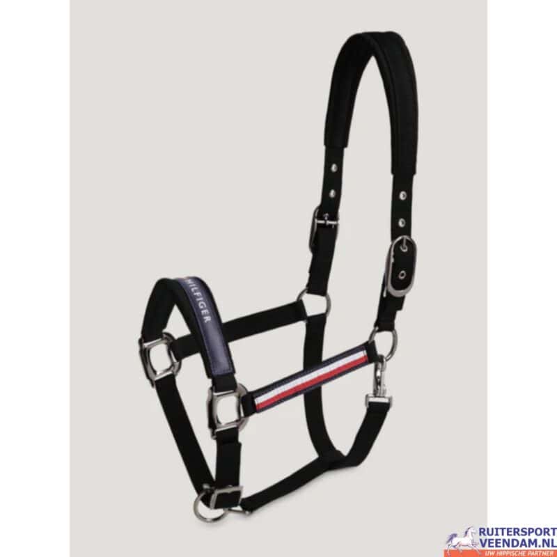 Tommy Hilfiger Yale halsterset voor paarden, zwart met logo en verstelbare banden.