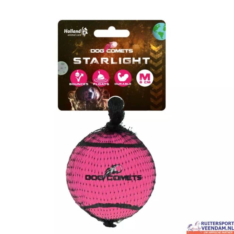 Roze hondenbal met zwart patroon, geschikt voor apporteren en spelen.