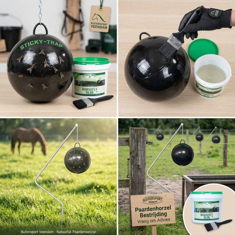 Complete set van de Sticky-Trap dazenval in het veld, inclusief zwarte bal, standaard en emmer lijm.